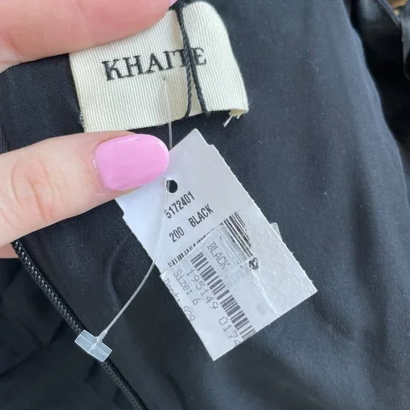 Khaite Shawna Ruched Satin Crepe Midi Dress Black High Slit Square Neckline - Picture 4 of 15